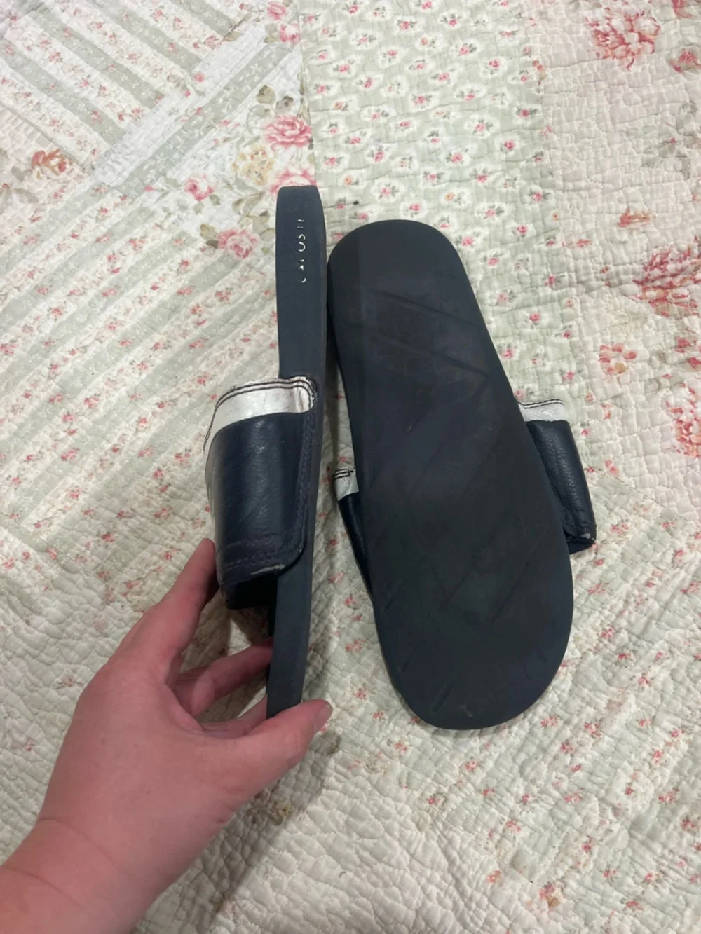 Lacoste Black Slide Sandals with White Croc Emblem
